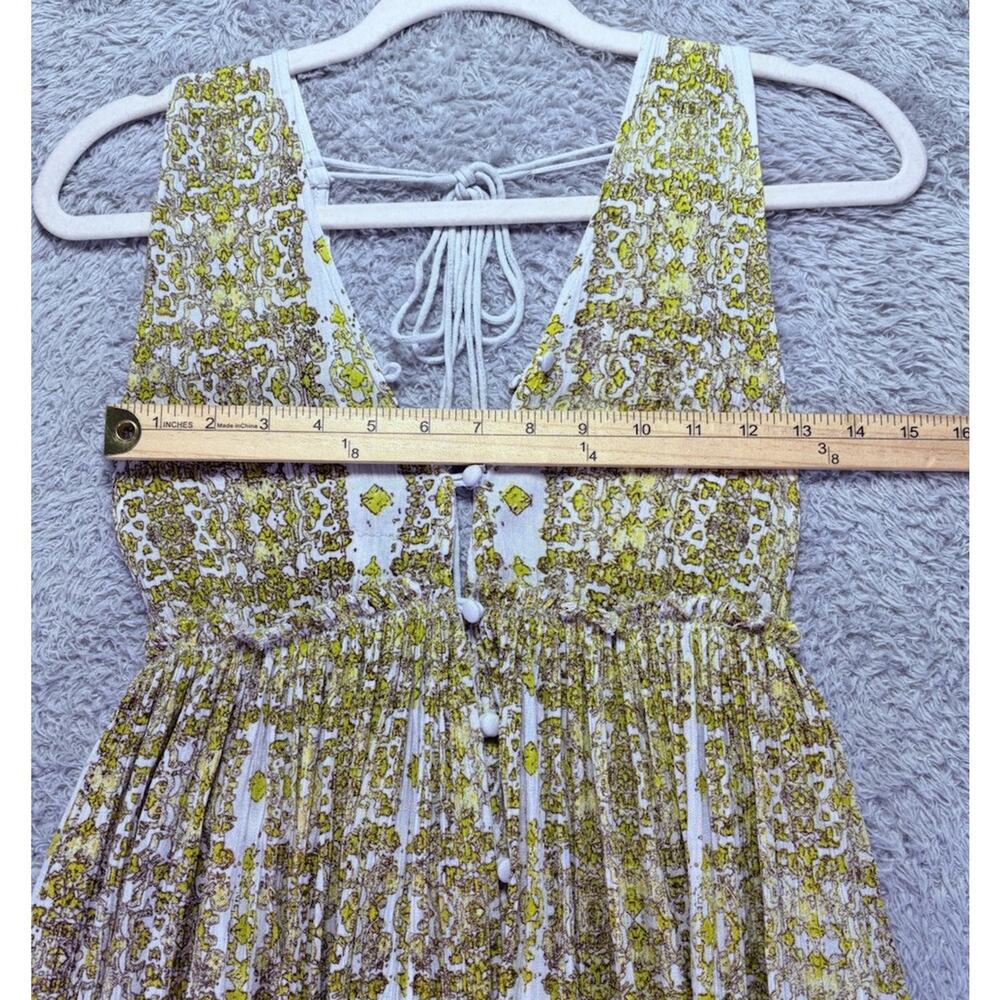 FP One Free People Womens XS V-Neck‎ Mini Dress Green Yellow Buttons Sleeveless - Picture 7 of 10